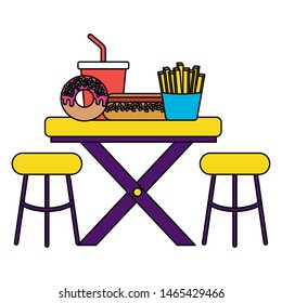 hot dog french fries soda donut on table with chairs vector illustration