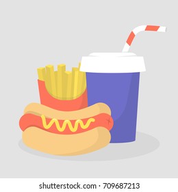 Hot dog, french fries and soda set. Fast food restaurant. Combo. Flat editable vector illustration, clip art