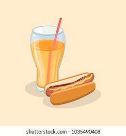Hot dog and fresh orange juice - cute cartoon colored picture. Graphic design elements for menu, poster, ad, brochure. Vector illustration of fast food for bistro, snackbar, cafe or restaurant