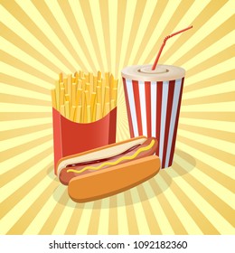 Hot dog with fries and soda cup - cute cartoon colored picture. Graphic design elements for menu, poster, brochure. Vector illustration of fast food for bistro, snackbar, cafe or restaurant