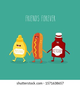 Hot dog funny ketchup mustard. Fast food. Friends forever. Use for card, poster, banner, web design and print on t-shirt. Easy to edit. Vector illustration.