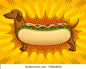 Hot dog funny metaphor pop art retro vector illustration. Fast food. Comic book style imitation.