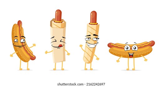 Hot dog funny smiling cartoon character set. Cooked french sausage in bun cute happy face expression mascot collection. Different fast food joyful comic emoticons vector eps illustration