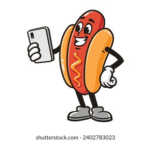 Hot dog with gadget cartoon mascot illustration character vector clip art