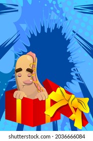 Hot Dog in a gift box. American fast food as a cartoon character with face.
