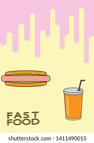 Hot dog and glass, on a yellow-pink background, there is an inscription fast food