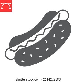 Hot dog glyph icon, junk food and sausage, hotdog vector icon, vector graphics, editable stroke solid sign, eps 10.