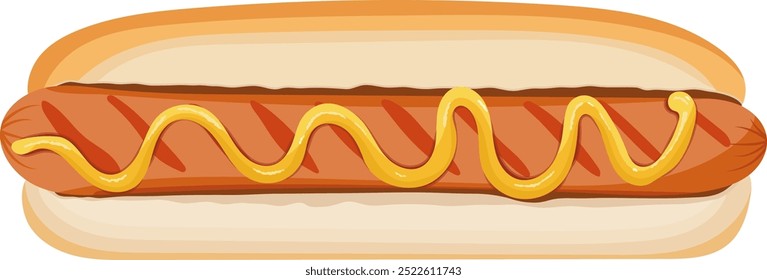 Hot Dog with Grill Sausage, Ketchup and Mustard Illustration Isolated on White Background