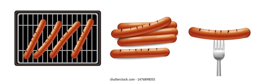 Hot dog grill Vector realistic. Banner tasty menu brochure template hot sausages. 3d illustration food