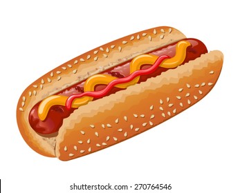 Hot dog with grilled sausage, mustard and some ketchup. Vector illustration