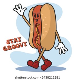 Hot dog groovy cartoon Fast food cute kawaii Vector illustration