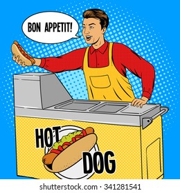 Hot dog guy pop art cartoon style vector illustration. Comic book imitation. Hot dog vendor. 