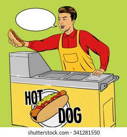 Hot dog guy pop art cartoon style vector illustration. Comic book imitation. Hot dog vendor. 