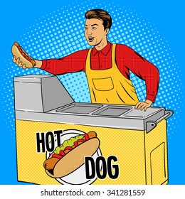 Hot dog guy pop art cartoon style vector illustration. Comic book imitation. Hot dog vendor. 