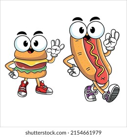 Hot Dog and a hamburger. cartoon fast food vector character set isolated on white