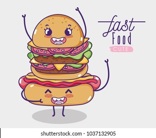 Hot dog with hamburger kawaii cartoon