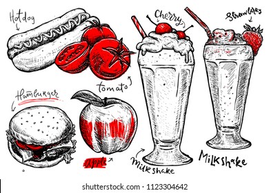 Hot dog, hamburger, tpmatoes, apple and milkshakes with strawberry and cherry. Hand drawn vector illustration. Sketch food isolated on white. 