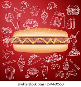 hot dog and hand draw fast food icon, excellent vector illustration, EPS 10