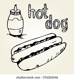 Hot dog hand drawn illustration. Fast food design elements, sketch of hotdog, sauce in a bottle and handwritten label. Monochrome EPS8 vector graphics.