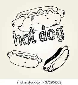 Hot dog hand drawn illustration. Fast food design elements, sketch of hotdog with sauce and handwritten label. Monochrome EPS8 vector graphics.