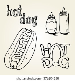 Hot dog hand drawn illustration. Fast food design elements, sketch of hotdog with sauces in a bottle and handwritten label. Monochrome EPS8 vector graphics.