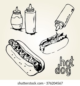 Hot dog hand drawn illustration. Fast food design elements, sketch of hotdogs with sauces in a bottles and handwritten label. Monochrome EPS8 vector graphics.