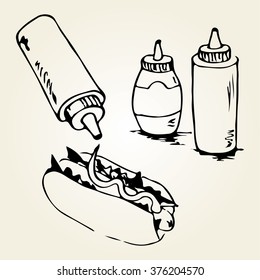 Hot Dog hand drawn illustration. Fast food design elements, sketch of  hotdog with sauces in a bottles. Monochrome EPS8 vector graphics.