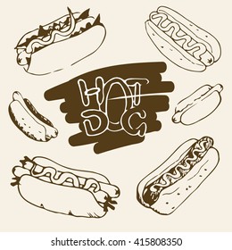 Hot Dog hand drawn illustrations. Fast food design elements, sketches of hotdogs with sauce and mayonnaise. Monochrome EPS8 vector graphics.