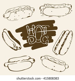 Hot Dog hand drawn illustrations. Fast food design elements, sketches of hotdogs with sauce and mayonnaise. Monochrome EPS8 vector graphics.
