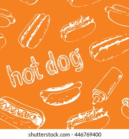 Hot dog hand drawn seamless pattern. Fast food design element. Seamless texture from sketches of hotdogs with sauce, mayonnaise and vegetables. EPS8 vector illustration.