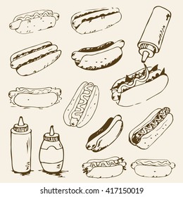 Hot Dog hand drawn set of illustrations. Fast food design elements, sketches of hotdogs with sauce, mayonnaise and vegetables. Monochrome EPS8 vector graphics.