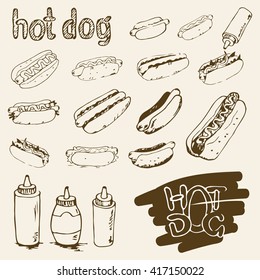 Hot dog hand drawn set of illustrations. Fast food design elements, sketches of hotdogs, bottles with sauce, mayonnaise and labels. Monochrome EPS8 vector graphics.