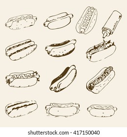 Hot Dog hand drawn set of illustrations. Fast food design elements, sketches of hotdogs with sauce, mayonnaise and vegetables. Monochrome EPS8 vector graphics.