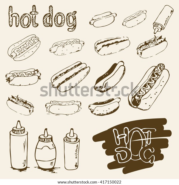 Hot Dog Hand Drawn Set Illustrations Vetor Stock livre De Direitos 