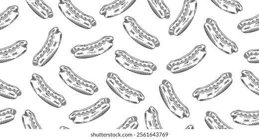 Hot dog hand drawn sketch seamless pattern background. Best for menu designs. Grilled sausage. Retro design