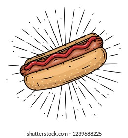 Hot dog. Hand drawn vector illustration with hot dog and divergent rays. Used for poster, banner, web, t-shirt print, bag print, badges, flyer, logo design and more. 