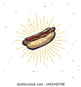 Hot dog. Hand drawn vector illustration with hot dog and divergent rays. vintage style 