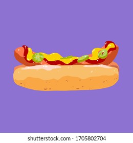 Hot dog, hand drawn vector cartoon design element. Fast food isolated. Sausage in the dough.