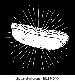 Hot dog. Hand drawn vector illustration with hot dog and divergent rays. Used for poster, banner, web, t-shirt print, bag print, badges, flyer, logo design and more. Hotdog