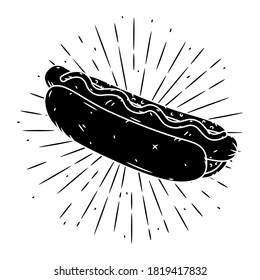 Hot dog. Hand drawn vector illustration with hot dog and divergent rays. Used for poster, banner, web, t-shirt print, bag print, badges, flyer, logo design and more. Hotdog