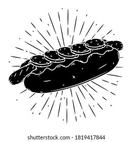 Hot dog. Hand drawn vector illustration with hot dog and divergent rays. Used for poster, banner, web, t-shirt print, bag print, badges, flyer, logo design and more. Hotdog