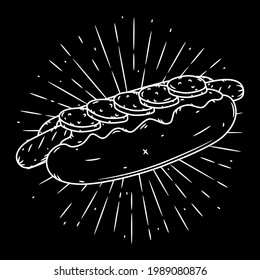 Hot dog. Hand drawn vector illustration with hot dog and divergent rays. Used for poster, banner, web, t-shirt print, bag print, badges, flyer, logo design and more. Hotdog