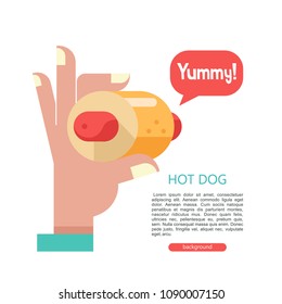 Hot dog. Hand holding a delicious hot dog. Sausage in the bun. Vector illustration in flat style. In the dialog cloud, the inscription is Yummy.