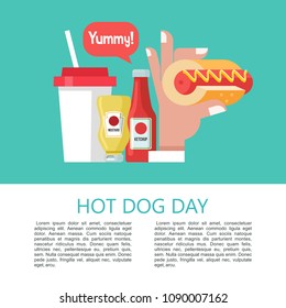 Hot dog. Hand holding a hot dog, sausage in a bun. Hot fast food. Mustard and ketchup bottles. A drink. Vector illustration.