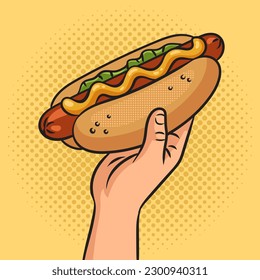 Hot dog in hand pinup pop art retro vector illustration. Comic book style imitation.