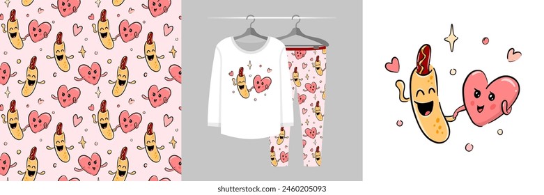 Hot dog and Heart. Dancing Food set, seamless pattern, cute mascot illustration for tee prints, pajamas, baby shower decor, fabric design, wrapping, web landing page, banner, sticker, background