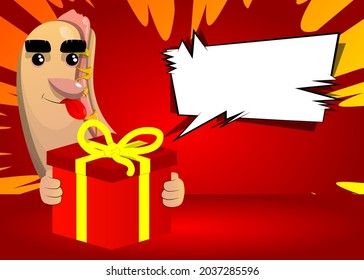 Hot Dog holding big gift box. American fast food as a cartoon character with face.