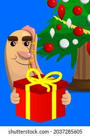 Hot Dog holding big gift box. American fast food as a cartoon character with face.