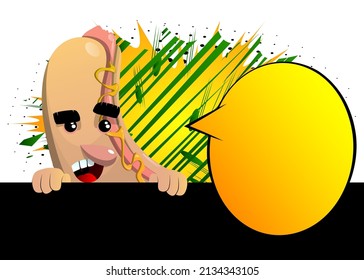 Perro caliente con el signo negro vacío. La comida rápida estadounidense como personaje de caricatura con cara.