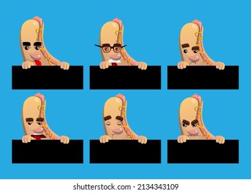 Hot Dog holding black empty sign. American fast food as a cartoon character with face.